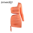 ZHYMIHRET  Fashion Fall One Shoulder Dress Women 2022 Sexy Ruched Waist Hollow Out Dresses Long Sleeve Vestido De Festa Longo