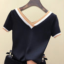 V-Neck Short Sleeve Shirt Women Contrast Color Striped Knitted 2023 Summer Tops Shirt Korean Clothes Femme Camisetas Mujer 13362