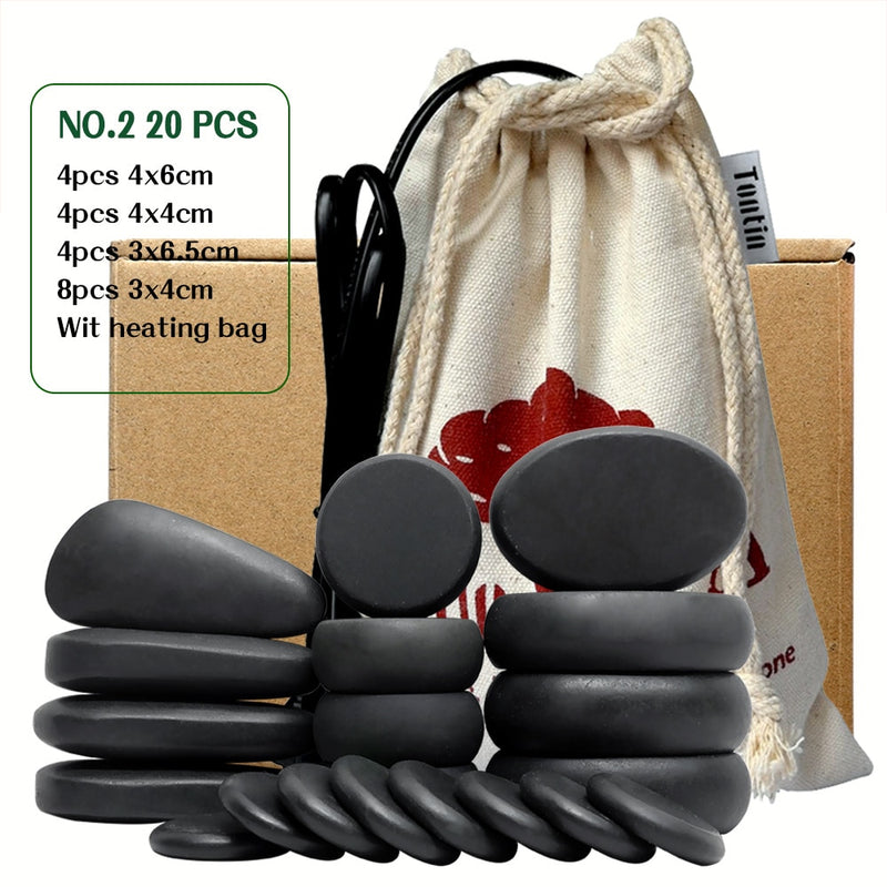 Tontin 20 teile/satz Hot Stone Massage Set Heizung Box Lindert Stress Rückenschmerzen Gesundheitspflege Lava Basalt Runde Massagewerkzeug Steine