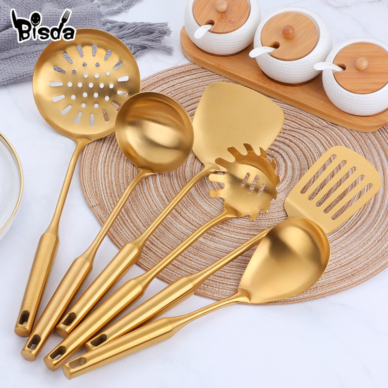 1/7 pcs Stainless Steel Kitchenware Set Long Handle Cooking Tools Matt Polish Slotted Turner Gold Kitchen Accessories Utensil