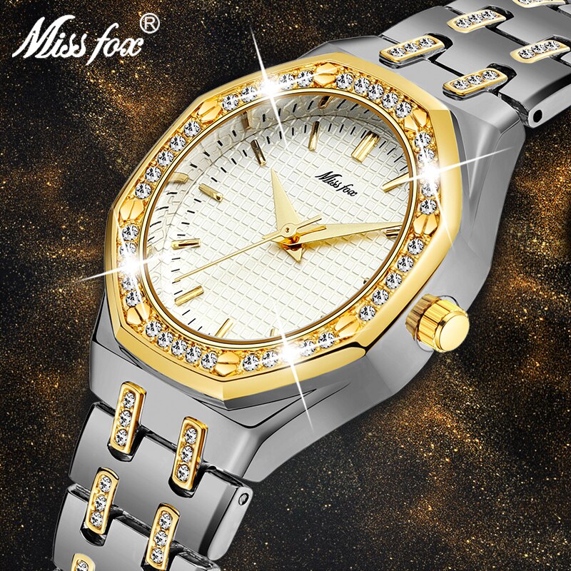 MISSFOX, relojes de moda para mujer, reloj de pulsera de oro de 18 quilates para mujer, reloj de pulsera de cuarzo analógico clásico con diamantes, reloj de mano con joyería