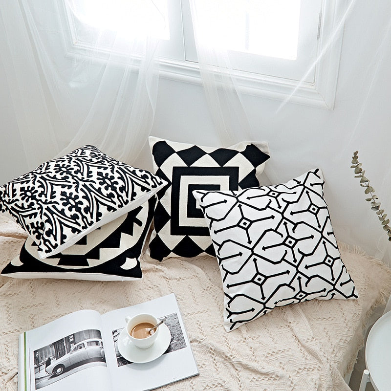 Home Decor Embroidered Cushion Cover Black White Abstract Geometric Canvas Cotton Square Embroidery Pillow Cover 45x45cm