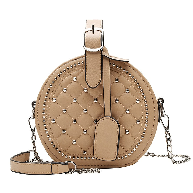 Bolso de hombro Circular con remaches de cadena a la moda para mujer, bandolera cruzada de piel sintética para mujer, bolso de mano redondo para mujer