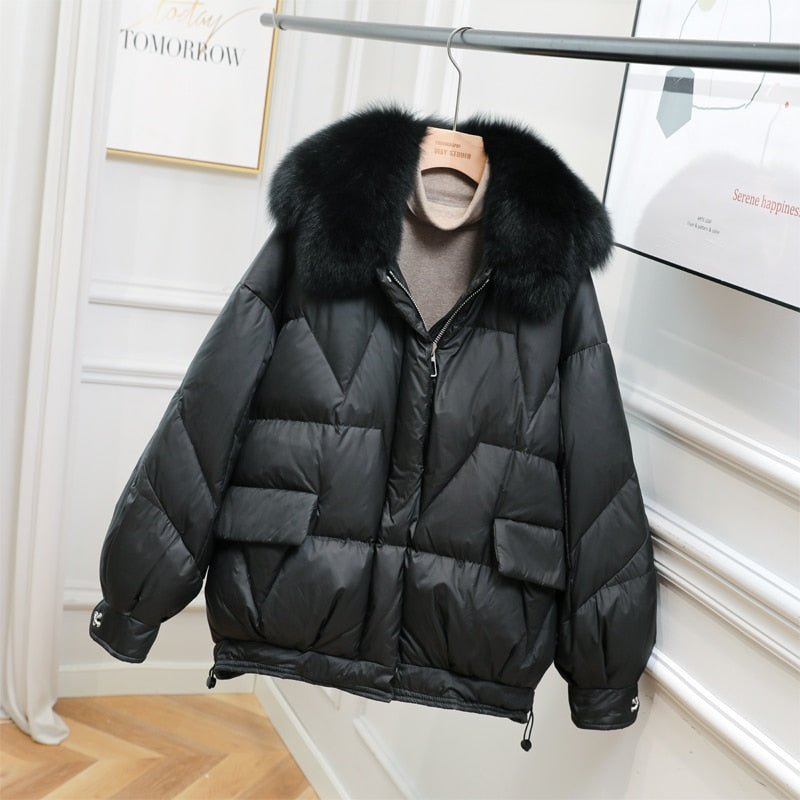 Janveny 90% White Duck Down Jacket Women Winter Fox Fur Collar Feather Down Coat Female Thick Warm Short Loose Puffer Jackets