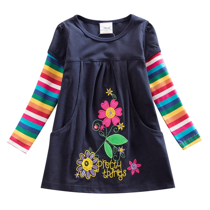 Girls Long Sleeve Star Embroidered Dress Girls Autumn New Style Two Pocket Rainbow Striped Sleeve Cotton Dress LH5809