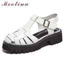 Meotina Platform Wedges Sandals Real Leather Mid Heel Shoes T-Strap Round Toe Female Footwear Buckle Sandals Summer Black New
