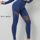 Yoga Sets Women Gym Clothes Seamless Long Sleeve Crop Tops Mesh Sports Leggings Running Workout High Waist Pants Fitness Wear