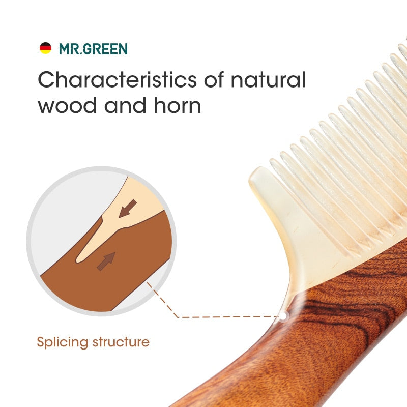 MR.GREEN Comb Natural Wood With Horn Splicing Structure Fine Tooth Hair Comb Anti-Static Head acupuncture point massage Gift