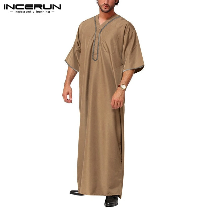 INCERUN hombres islámico musulmán Kaftan media manga Color sólido cuello pico Vintage túnicas Casual Dubai Arabia Saudita hombres Jubba Thobe S-5XL