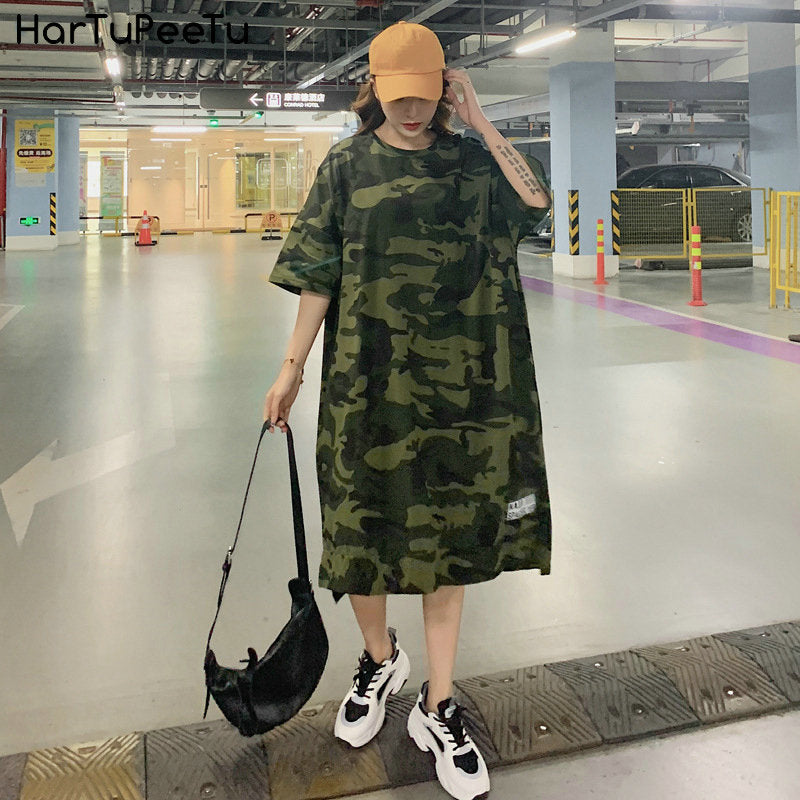 Camouflage Loose Dress Women Long T Shirt Summer Dresses 2022 for 100kg Girls Korean Half Sleeve Irregular Cotton Tees
