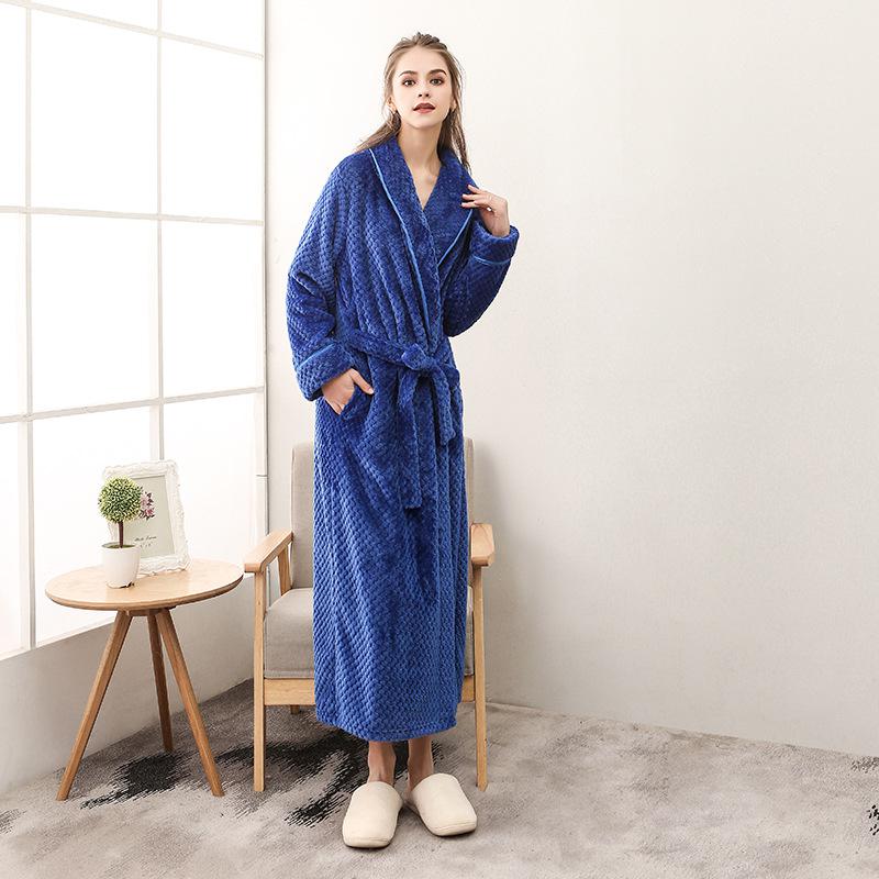 Men Plus Size 3XL Flannel Kimono Bath Gown Ultra Long Large Robe Coral Fleece Nightgown Lovers Couple Thick Warm Sleepwear MR001