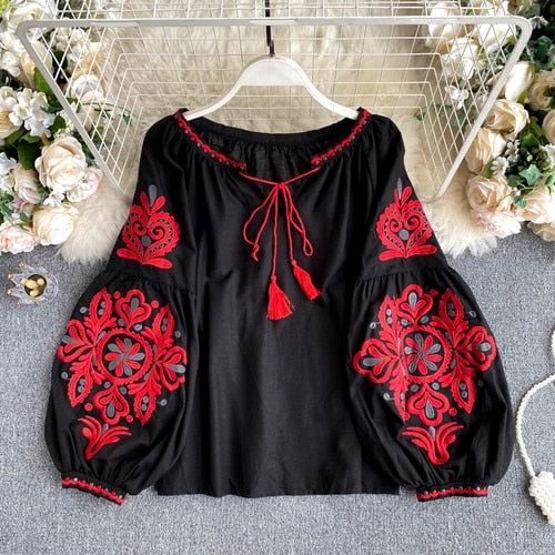 Women's Retro Blouse National Style Embroidered Lace-Up Tassel V-Neck Lantern Sleeve Tops Loose All-Match Female Blusa GK536