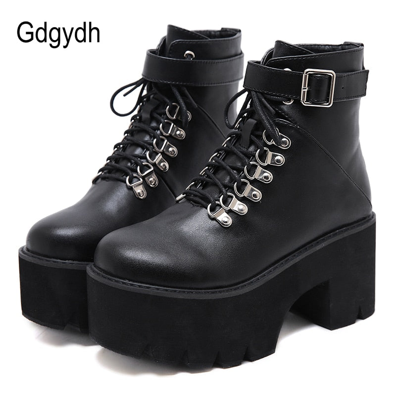 Gdgydh New Arrival Womens Autumn Shoes Chunky Block High Heel Platform Lace up Ankle Boots For Women Comfortable Promotion Sale