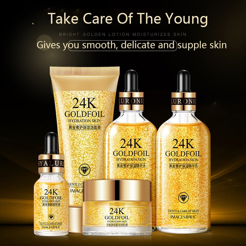 24K Gold Skin Care Set 5 PCS With Box Face Toner Essence Cream Nicotinamide Anti-Aging Serum Facial Cleanser Kit For Womens M