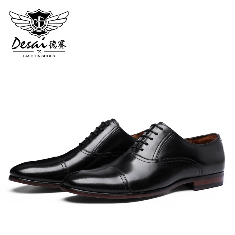 Zapatos de vestir para hombre de negocios de cuero genuino de grano completo marca DESAI zapatos Oxford de charol Retro para hombre talla europea 38-47