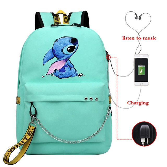 Disney Kawaii Stitch Bag Zipper USB Charging Mochila Capacity Backpack Women Kpop School Bags for Teenage Girls Students