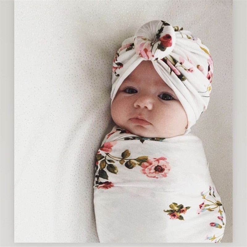 2pcs/set Baby Swaddle Wrap Baby Blankets Newborn Cotton Swaddle Wrap Headband Baby Hat Turban Beanie Newborn Photography Prop