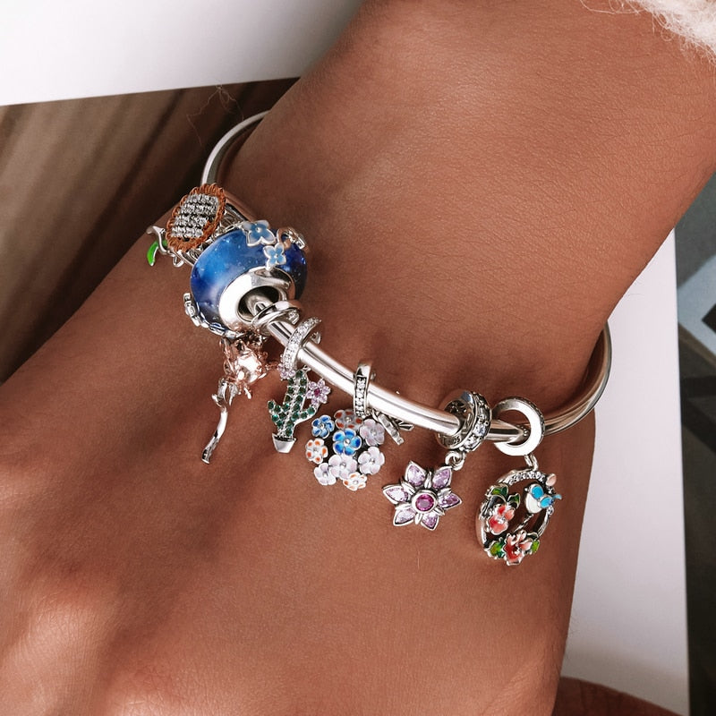 WOSTU 925 Sterling Silver Colorful Spring Charm Bird & Flower Pendant Fit Original Bracelet DIY Necklace Pendant Jewelry