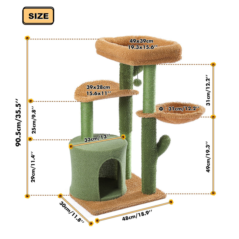 H90.5CM Cactus Cat Tree with Natural Sisal Scratching Post Board for Cat Perch Condo Kitty Play House rascador gato arbre à chat