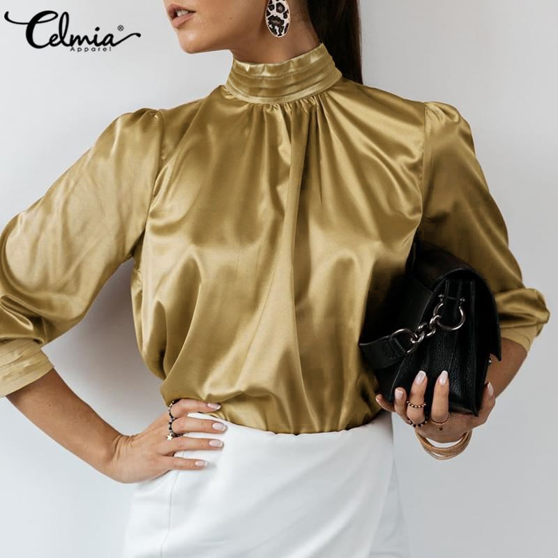 Fashion Women Blouses 2022 Celmia Elegant Satin Silk Tops Tunics Party Solid High Collar Shirt Autumn Lantern Sleeve Blusas 7