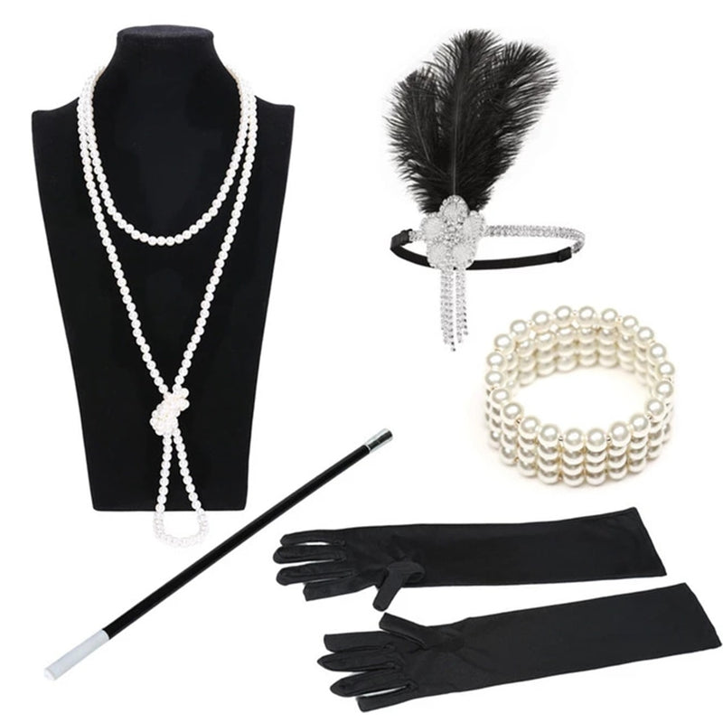 1920s Great Gatsby Party Costume Accessories Set 20s Flapper Feather Headband Pearl Necklace Gloves Cigarette Holder 5 Pcs Set