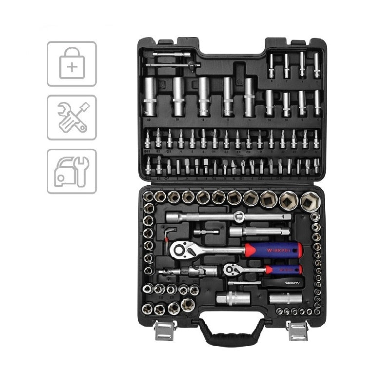 WORKPRO 108-teiliges Auto-Reparatur-Werkzeug-Set, Auto-Reparatur-Werkzeug-Kits, Steckschlüssel-Set, Bit-Set, Ratschenschlüssel