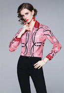 Sommer Damen Schlanke Blusen Tops Barock Print Runway Langarm Shirt Damen Kragen Elegante Vintage Büro Shirts Arbeitskleidung