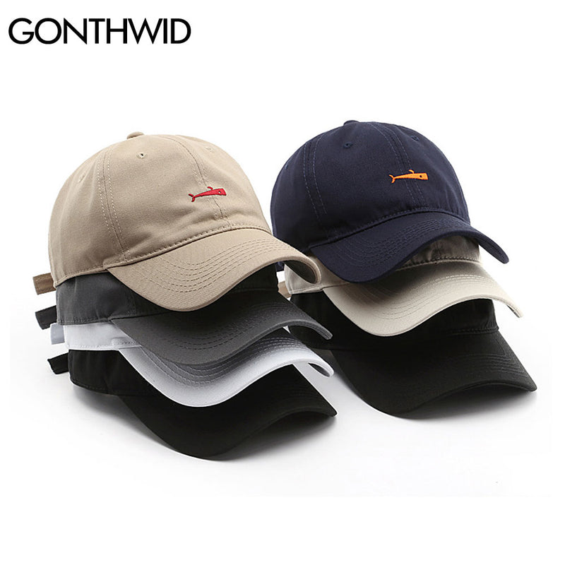 GONTHWID bordado pescado ajustable gorras de béisbol Casual Color sólido algodón curvado visera sombreros hombres mujeres moda sol sombrero