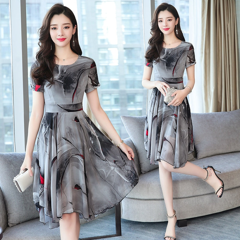 2022 Korean Vintage Boho Casual Dress Summer Print Chiffon Sundress Elegant Women Beach Midi Bodycon Short Sleeve Party Vestidos