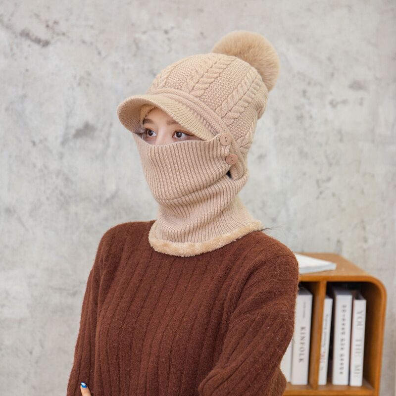 2021 Warm Neck Knit Hat Fur Pompoms Hat Mask Winter Hat For Girl Wool Knitted Hat Female Balaclava Caps Gorras Bonnet