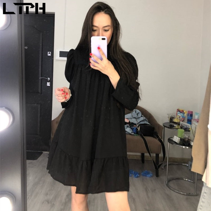 LTPH Special Sales Loose Elegant women dress Puff Sleeve Turtleneck Ruffles A-Line vintage White Chiffon Dresses 2021 Spring New