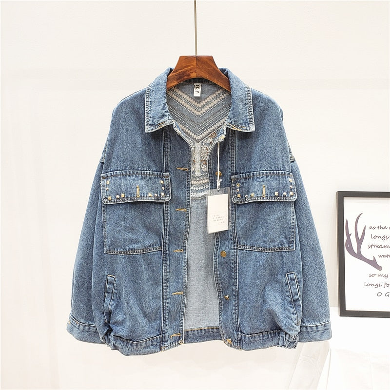 2023 Harajuku Denim Jacket Women Spring Bead Flowers Tassel Streetwear Autumn Black Jasjes Dames Loose Lapel Long Sleeve Coat