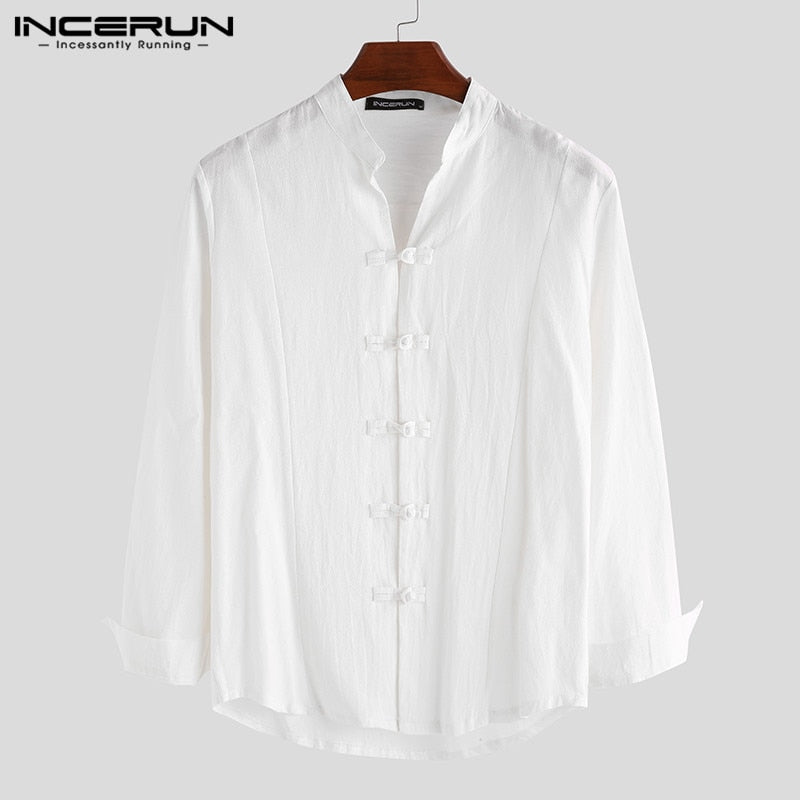 INCERUN Men Casual Shirt Solid Retro Button Stand Collar Tops Cotton Linen Long Sleeve Chinese Traditional Shirts Men Streetwear