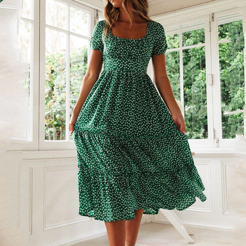 Vintage Print Puff Sleeve Dress Women Summer 2020 New Sweet Casual Square Collar Green Floral Print Long Dresses Slim Vestidos