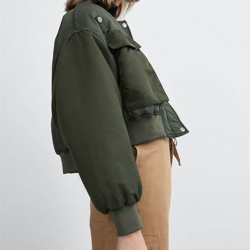 ZXQJ Women Fashion Basic Loose Padded Bomber Jacket Coat Vintage Long Sleeve Zipper Warm Female Outerwear Chic Tops
