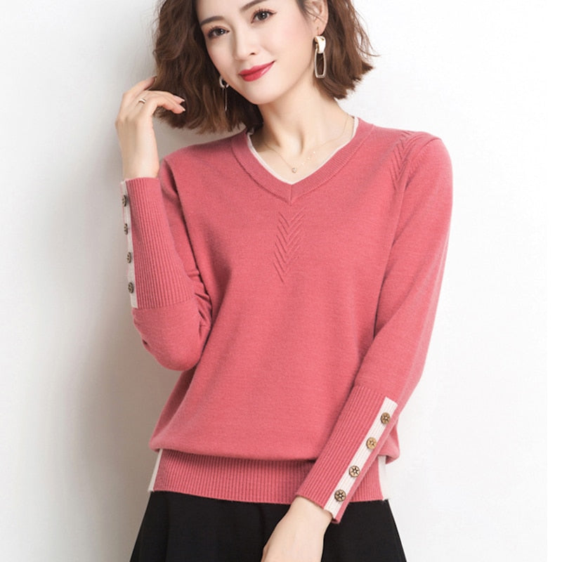 Shintimes V-Ausschnitt Knopf Frauen Pullover Langarm Slim 2022 Herbst Pullover Pullover Damenbekleidung Herbst Gestrickte Pull Femme