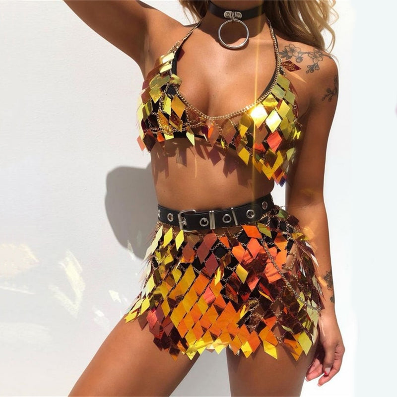 Glisten Rhombic Pailletten Zweiteiler aushöhlen Metallkette Crop Tops Sexy Minirock Sommer Rave Festival Lady Outfits