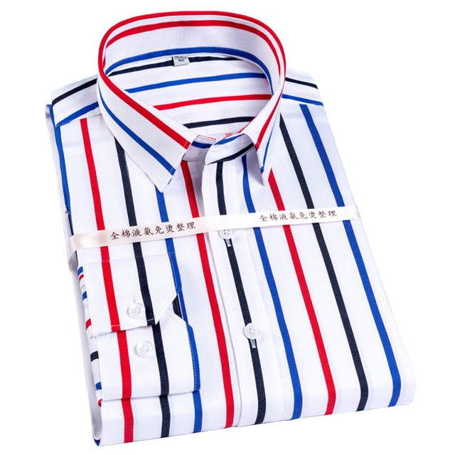 Men's Color Block Striped Wrinkle-Resistant Dress Shirt Long-Sleeve Standard-fit Hidden Button Collar Casual Pure Cotton Shirts