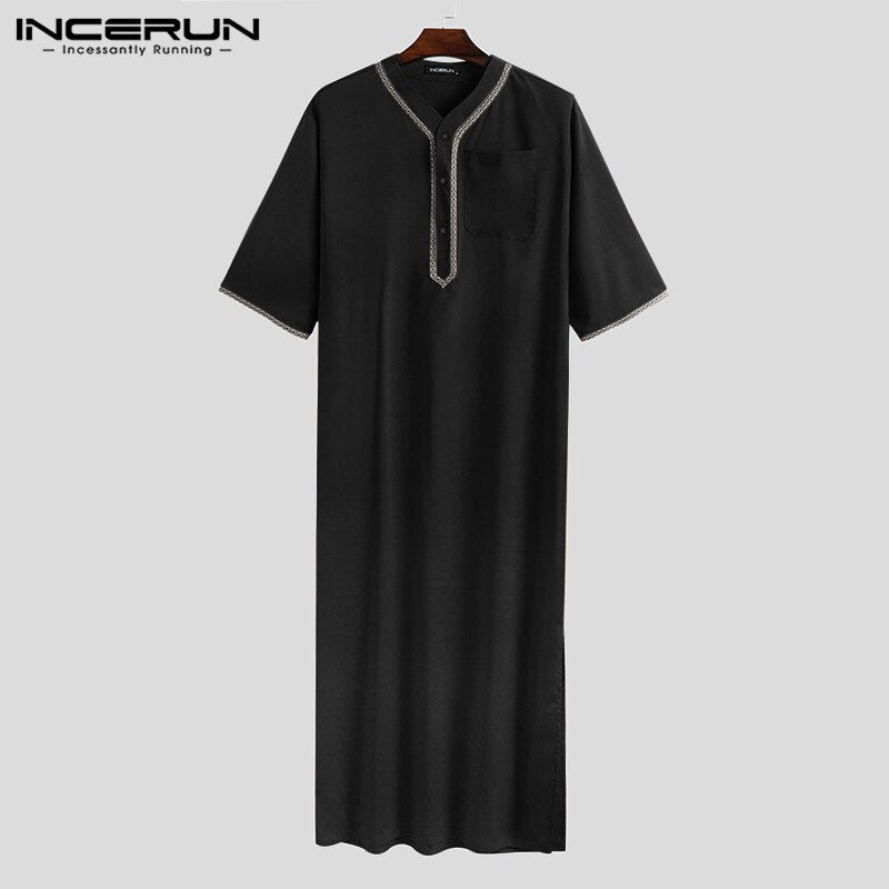 INCERUN Men Islamic Muslim Kaftan Half Sleeve Solid Color V Neck Vintage Robes Casual Dubai Saudi Arabia Men Jubba Thobe S-5XL