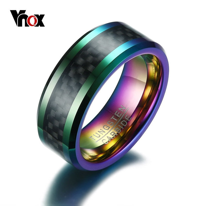 Vnox Tungsten Men Ring with Carbon Fiber 8mm Male Engagement Party Finger Ring Wedding Bands US Size 8 9 10 11 12