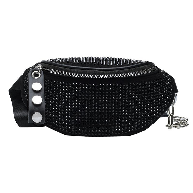 JIEROTYX Fashion Rhinestones Women Bag Waist Bag Fanny Packs Chest Waist Pack Travel Casual Female Chain Strap Punk Belt Bag