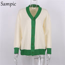 Sampic Loose Patchwork Knitwear Winter 2021 Women Cardigans Tops Oversized Long Sleeve Y2K V Neck Sweater Casual Fashion Tops