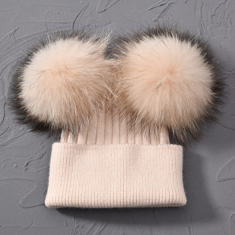 Double Real Raccoon Fur Pompom Hat Women Winter Caps Knitted Wool Hats Skullies Beanies Girls Female Two Fur Pom Pom Beanie Hat