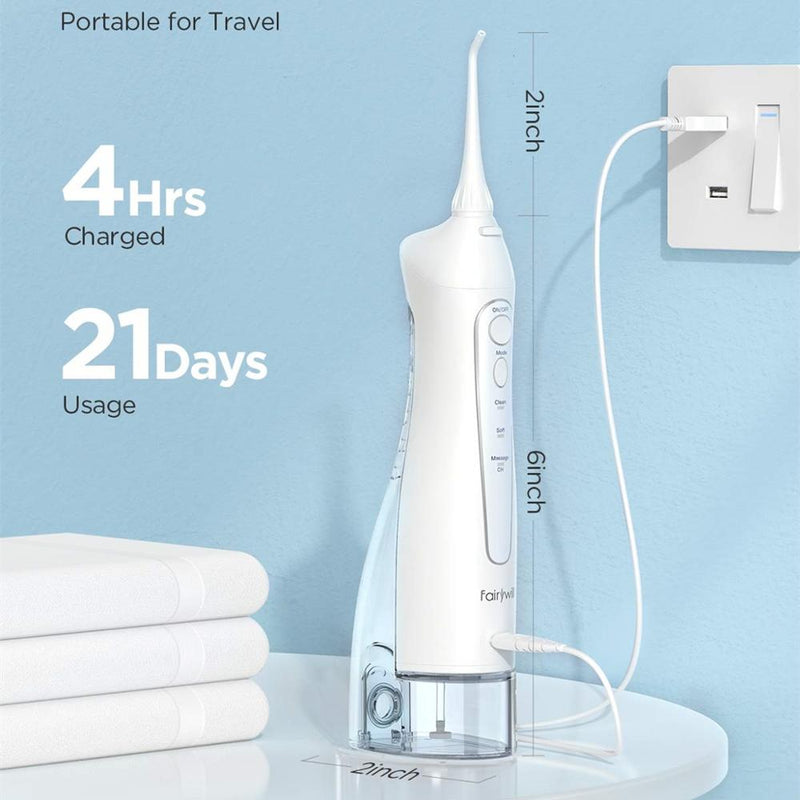 Fairywill Oral Irrigator USB Rechargeable Water Flosser Portable Dental Water Jet 300ML Water Tank Waterproof Cleaner 8 Nozzles