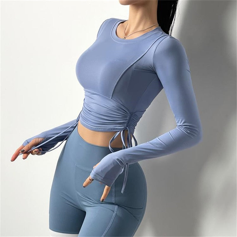 Women Push-up Yoga Pullover Fitness Sport wear Double Lace Up Gym Shirt Long Sleeve Workout Running Crop Top