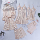 Lace Patchwork 5PCS Sleepwear Nightgown Kimono Bathrobe Gown Satin Lady Nighty&amp;Robe Suit Sexy Home Clothes White Wedding Robe
