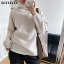 BGTEEVER Autumn Winter Zipper Turtleneck Sweaters Women Casual Thick Long Pullover Jumpers Female Loose Knitting Tops 2021