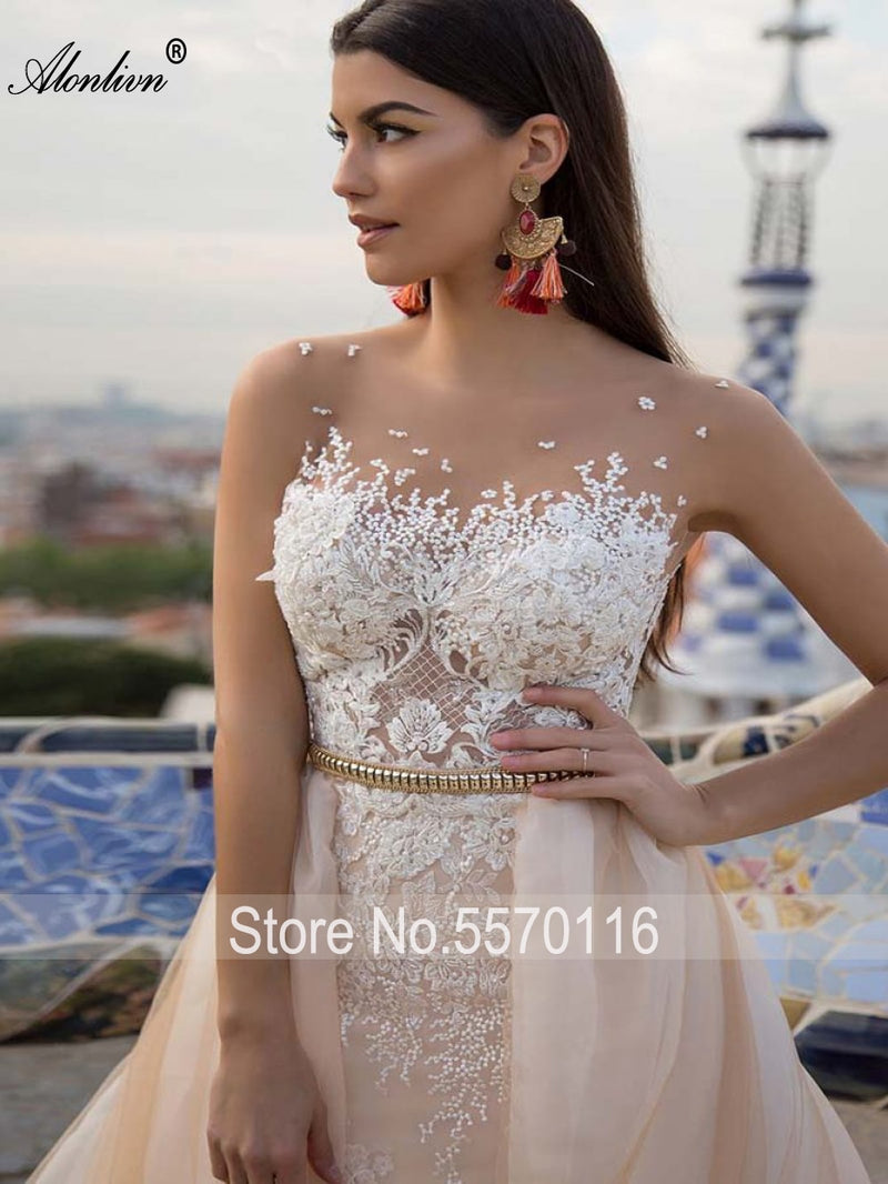 Alonlivn Elegant 2 In 1 Wedding Dress Champagne Tulle  With Gold Belt  Removable Train Appliques Lace Sleeveless Bridal Gowns