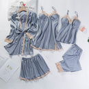 Lace Patchwork 5PCS Sleepwear Nightgown Kimono Bathrobe Gown Satin Lady Nighty&amp;Robe Suit Sexy Home Clothes White Wedding Robe