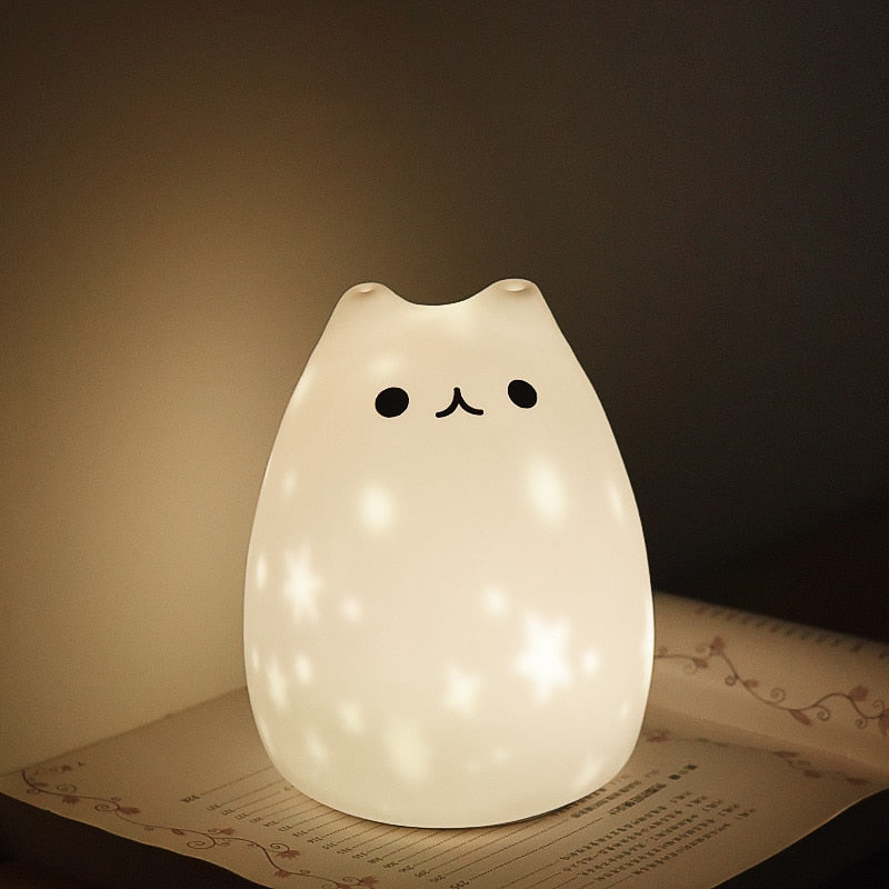 Lámpara LED de noche con proyector de estrellas, gato, USB, recargable, silicona, dibujos animados, bebé, niños, lámparas de guardería, regalo para niño y niña, decoración de dormitorio